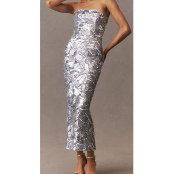 Elegant Silver Strapless Midi Dress - Picture 1 of 16